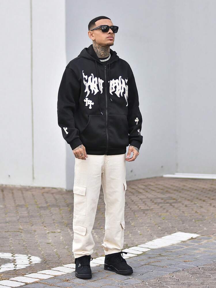 Devon Thys 男式黑色街头时尚图案印花前拉链连帽运动衫，带保暖内衬 - 黑色 - 查看 4