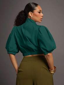 Vixey Áo dệt tay phồng nơ phóng đại có khóa kéo - Màu xanh lá cây đậm - Xem 4