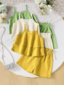 SHEIN Genkimix Kids Bộ 3 áo hai dây dệt họa tiết sọc đơn giản, viền bèo nhún đôi cho bé gái và quần short cạp chun có viền bèo nhún, màu sắc: be, xanh lá, tím, thích hợp cho các hoạt động thể thao ngoài trời và đi chơi thường ngày, phù hợp với trẻ từ 4-7 tuổi - Nhiều màu - Xem 1