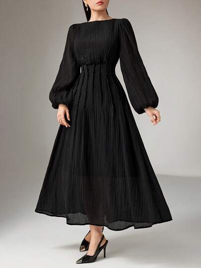 Heiryn Vestido largo de mujer con mangas de farol, cintura ceñida y unicolor elegante, otoño