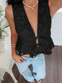 Serisse Áo crop top buộc dây không tay màu trơn có viền bèo nhún dành cho nữ - màu đen - Xem 3