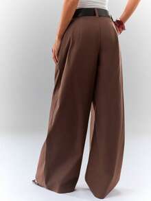 Glamine Quần dài thường ngày bằng cotton hữu cơ màu nâu dành cho nữ có thắt lưng đen, quần dài công sở thanh lịch màu nâu dành cho nữ - Cà phê nâu - Xem 5