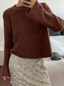 Livesso Women's Casual Sequin Crew Neck Sweater, Autumn - Coffee Brown - View 5