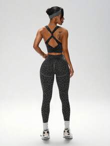 Slayform 1 Set Women Leopard Print Twist V-Neck Tank Top And Leggings Yoga Workout Running Sports Suit - Black - View 6