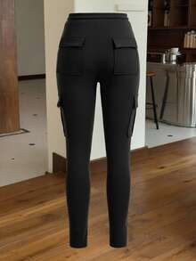 Muchica 黑色针织弹力女式紧身裤，女士春/秋休闲抽绳，口袋自然紧身七分黑色紧身女式裤子，休闲日常穿着