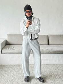 HUEFORM Quần xếp ly màu trơn có đai thắt lưng dành cho nam, quần ống đứng thông thường đa năng - Xám - Xem 2