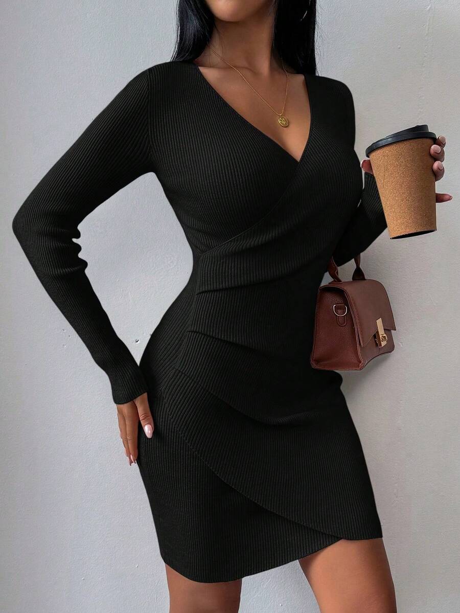 EMERY ROSE V-Neck Fitted Casual Versatile Long Sleeve Sweater Dress - Black - View 1