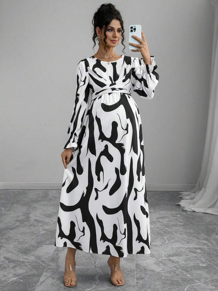 Momance Women's Fashionable Elegant Round Neck Twisted Asymmetric Geometric Print Waist Tie Maternity Long Sleeve Dress, Spring/Autumn - White - View 1