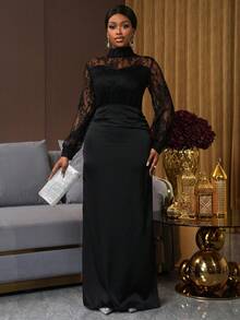 SHEIN Ladiora Women's Black Lace High Neck Lantern Sleeve Satin Waist Slit Dress - Black - View 4