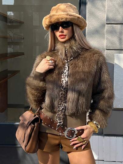 DAZY 女士时尚短款立领仿皮草外套，秋冬女式外套 Y2k