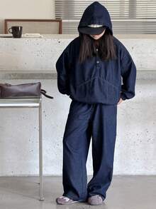 DAZY Tween Girl Drop Shoulder Button Half Placket Hoodie And Wide Leg Jeans Casual Suit - Blue - View 1