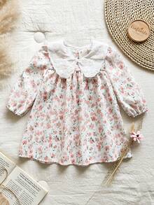 SHEIN Vintaside Kids Baby Girl Sweet Ditsy Floral Puff Sleeve Peter Pan Collar Dress, Autumn
