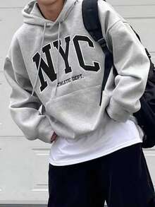 Manfinity Dauomo 加大码男士极简印花长袖连帽衫 - 灰色 - 查看 1