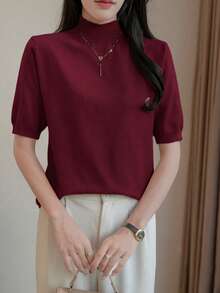 EMERY ROSE 纯色高领优雅通勤时尚短袖针织上衣 - 酒紅色 - 查看 5