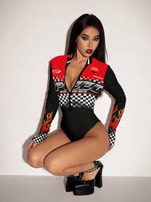 SHEIN ICON 女士时尚撞色格纹印花连体衣 - 黑色 - 查看 6