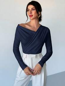 Firerie 女士优雅简约时尚不对称荷叶边领长袖露脐白色上衣，适合日常通勤、音乐节、度假等场合。 - 藏蓝色 - 查看 3