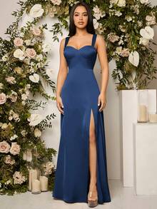 SHEIN Belle 纯色侧开衩露背伴娘礼服（成人款） - 藏蓝色 - 查看 3