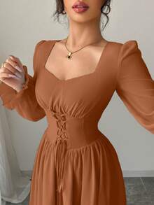 Modelyn 女士纯色心形领长袖系腰法式优雅中长连衣裙 - 橘色 - 查看 5