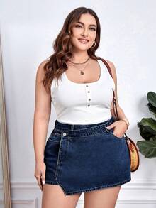 SHEIN CURVE+ 大码女式美式休闲牛仔短裙 - 深色水洗藍 - 查看 5