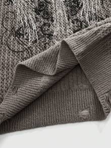 ROMWE MEN Anime 男士破洞十字印花圆领长袖针织衫 - 深灰色 - 查看 5