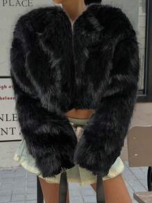 SHEIN EZwear 女士秋冬米色蓬松短外套 - 黑色 - 查看 5