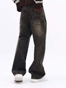 SUMWON 阔腿酸洗牛仔裤，纽扣门襟，宽松版型，休闲街头风，秋冬时尚 - 黑色 - 查看 2