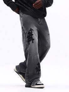 SUMWON Loose Fit Flare Carpenter Jeans With Applique Details And Frayed Hem For Relaxed Street Style Plain - Blue - View 2