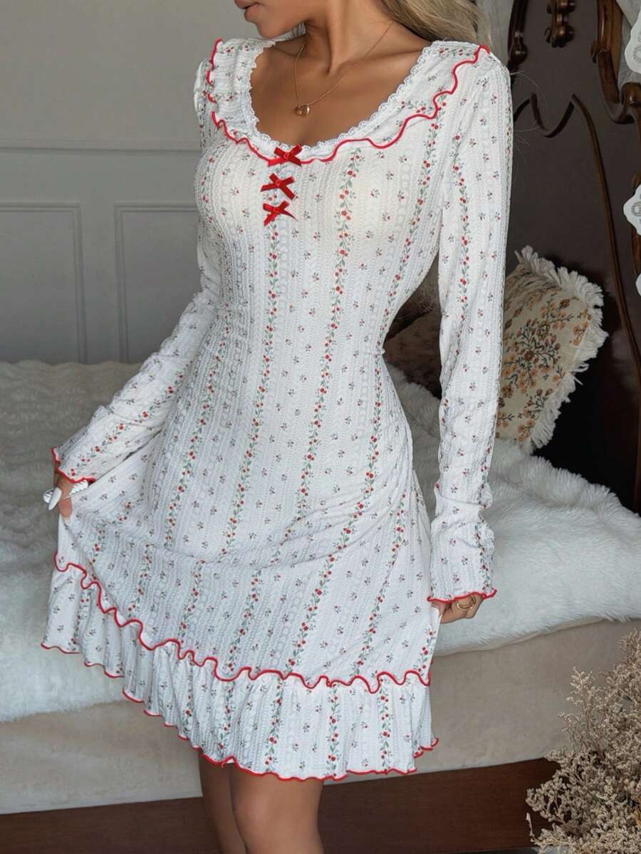 SHEIN Romantic Women's Short Dress With Floral Pattern, Bow Decor And Ruffle Hem Long Sleeve Nightgown, Winter - White - View 1