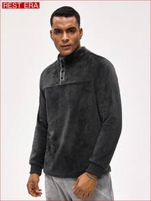 Rest Era 男士纯色纽扣半开襟长袖家居服上衣，蓬松冬季款 - 彩色 - 查看 4