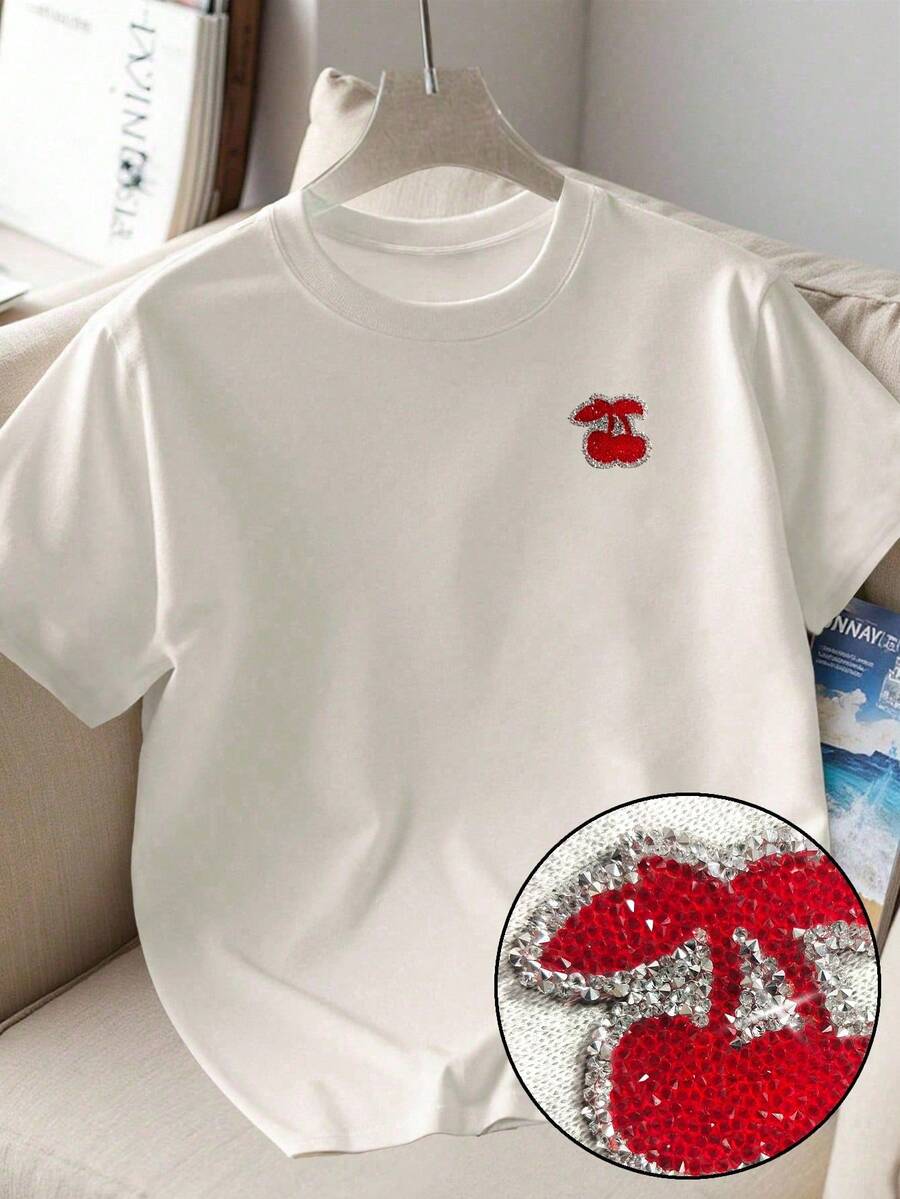 Resyla Women's Casual Versatile Cherry Rhinestone Decor T-Shirt, Summer - White - View 1