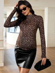 MaterniWear Spring Women ,Office, Business Maternity Work Top Casual Woman, Fall ,Autumn ,Pregnant Women's Fashionable Leopard Print Fitted Long Sleeve T-Shirt, Autumn Maternity Top For Women Leopard Print Top Cheetah Print Top Fall Winter - Brown - View 5