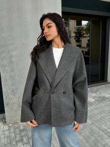 SHEIN Tall New Autumn/Winter Grey Versatile Woolen Elegant Lapel Overcoat, Casual Everyday Wear - Grey - View 3
