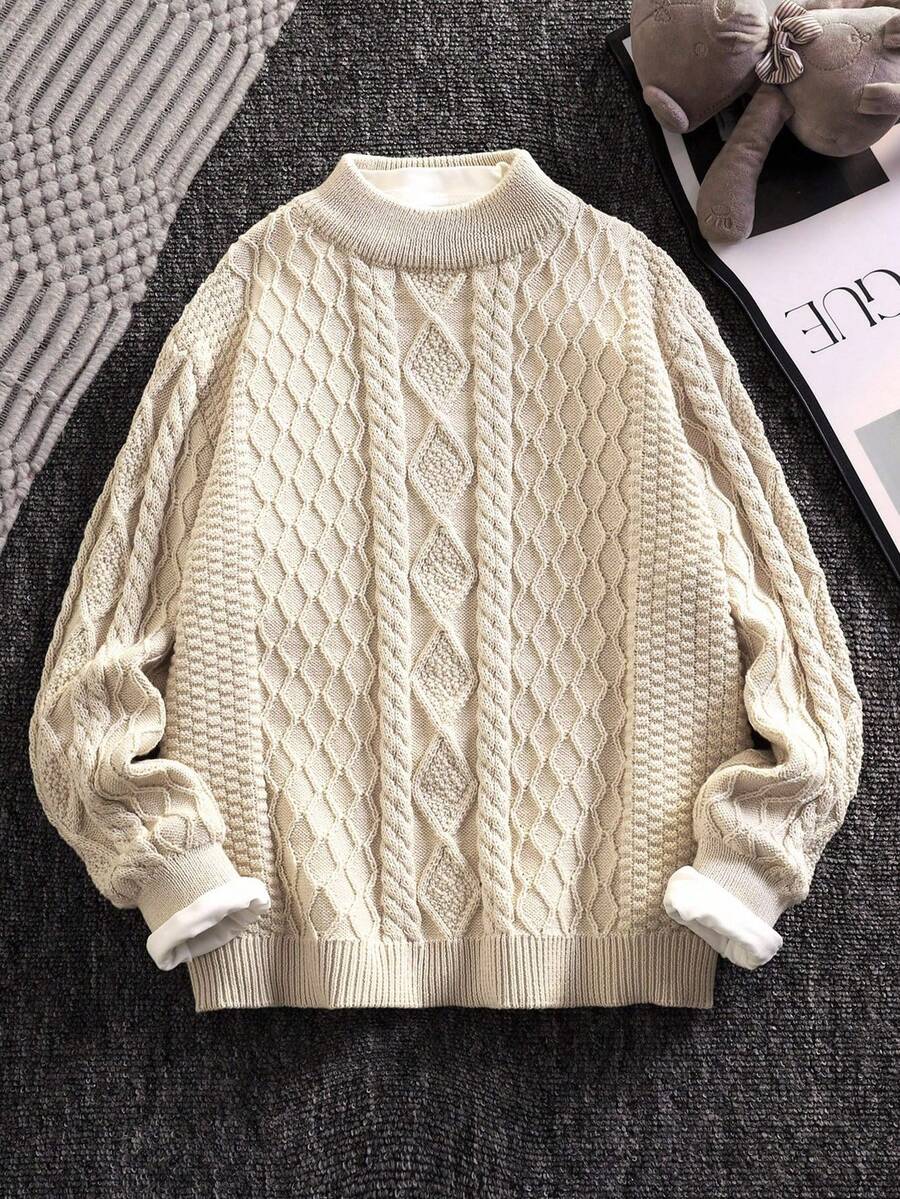 SHEIN 青少年男孩休闲韩版纹理白色圆领毛衣,通勤、上学、日常休闲装,适合运动,秋冬季 - 白色 - 查看 1