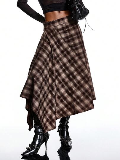 LYSMO 2025 New Arrive Minimalism Winter Women's Brown Plaid Wrap Asymmetrical Hem Fashionable Versatile Skirt Brown Skirt For Going Outs Elegant For Ladies Casual For Women Christmas Party For New Year Formal Skirt , Fall For Women, Winter For Women