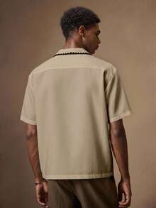 AKNOTIC 男士藏蓝色和棕色花卉刺绣修身短袖 Polo 衫，适合夏季、秋季、度假、日常穿着、派对、情侣装，男士礼物 - 杏色 - 查看 4