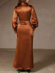 Chiquease Rust Brown Autumn Elegant Wedding Guest Women Satin-Feel Padded Shoulder Deep V-Neck Cinched Waist Slit Hem Metal Buckle Long Sleeve Maxi Shirt Dress - Brown - View 6