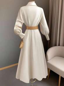 Franclia 女式纯色前扣休闲长袖连衣裙 - 杏色 - 查看 2