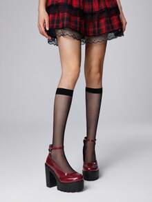 ROMWE Goth 女士闭趾交叉绑带玛丽珍鞋，朋克哥特厚底厚跟绑带搭扣JK制服鞋，防水正式工作高跟鞋 - 酒紅色 - 查看 2