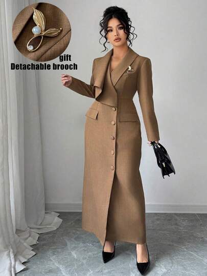 Elenzga Plus Size Asymmetrical Neckline Design Khaki Brown Long Sleeve V-Neck Early Spring Fashionable Lady Commuter Waist Fitted Dress, Elegant French Chic