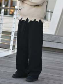 Devon Thys Men's Casual Solid Color Drawstring Waist Sports Wide Leg Pants, All Seasons, Fall - Black - View 4