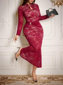 Roveilla Plus Size Women's Elegant Burgundy Autumn Lace Bodycon Maxi Dress,V-Neck Hollow Twist Luxury Cocktail Party Birthday Evening Curve Dress - Burgundy - View 3