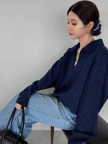 FRIFUL 女式纯色深灰色翻领落肩长袖宽松休闲百搭毛衣，秋冬 - 藏蓝色 - 查看 2