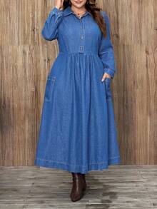 EMERY ROSE 大码女士休闲优雅水洗牛仔连衣裙 - 淺色水洗藍 - 查看 3