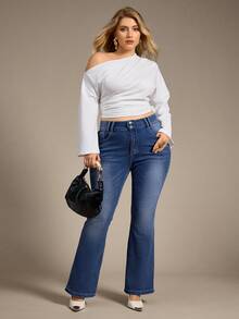 Auralis Women's Plus Size Flared Jeans, Fall Women Clothes - Blue - View 5