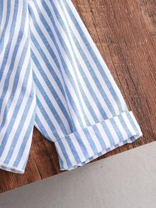 2pcs Young Girl Woven Striped Casual Shirt And Denim Pants Set - Multicolor - View 7