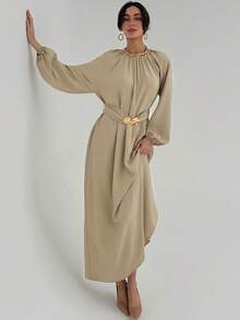 Aloruh Minimalist Apricot Textured Office Dress With Gathered Waist And Extra Long A-Line Hem, Commuter Friendly - Apricot - View 7