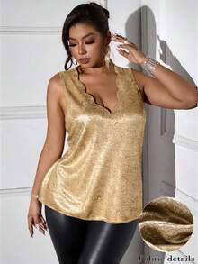 Femmeverse 大码女式金属质感弧形V领无袖时尚上衣 - 金色 - 查看 7