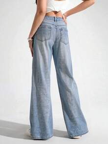 Pantalones Vaqueros Anchos con Cintura Elástica y Diseño Patchwork, Confortables y Estilosos para Mujer - Azul claro - Ver 2