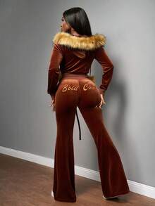 Slaydiva 2025秋冬新款音乐节、假日、西部、游牧风格休闲两件套 - 拉链抓绒领外套 + 直筒裤，芥末绿，臀部字母刺绣，天鹅绒 - 芥末黃 - 查看 3