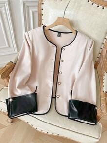 Modelyn Chaqueta elegante y versátil de talla grande con cuello redondo, manga larga, botones delanteros y ribete de color block